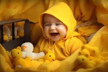 Amidst a backdrop of buttery yellow, the most endearing little baby laughs joyfully, spreading...