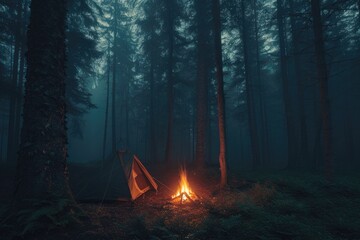 Survival camp with a bonfire in a dense forest at night, casting a survivalista??s temporary haven. 8k - obrazy, fototapety, plakaty