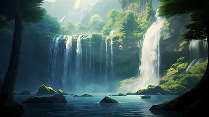 A majestic waterfall cascading down the mountainside - obrazy, fototapety, plakaty