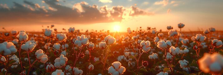 Beautiful Cotton Fields. Cotton Industry,
Sunset over the field of white cotton.
 - obrazy, fototapety, plakaty