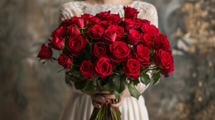 A woman bring red roses bouquet 