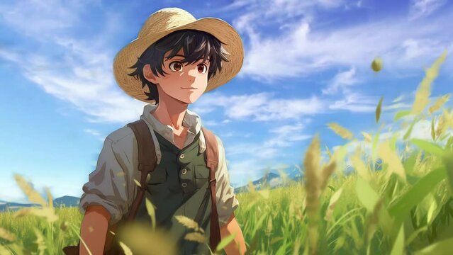 Gentle breeze caressing young anime farmer in lush fields, depicted in cute cartoon style
