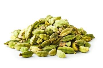 A pile of Cardamom on a white background. The seeds are small and green, and they are piled on top of each other