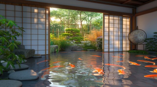A fish pond with vivid orange carp swimming in it and Japanese folding doors 