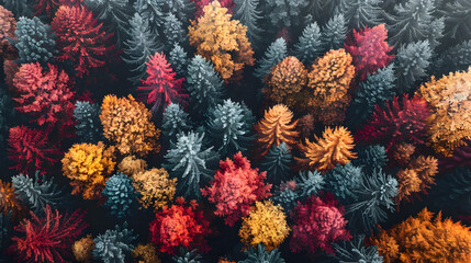 Fototapeta na wymiar A vibrant forest with colorful trees resembling an aerial coral reef