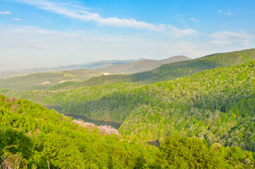 Fototapeta na wymiar scenic view of Gökçe Reservoir inlet and mountains in spring near Termal (Yalova, Turkey)