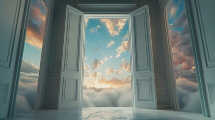 white doors open to dreamy sky 8k