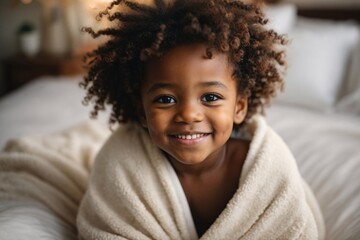 a very cute little black african baby kid with afro hair wrapped in soft white blanket on a bed.