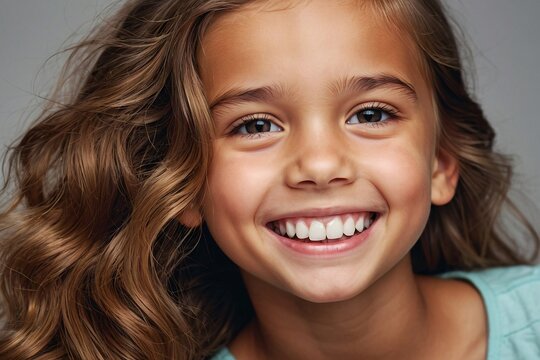a closeup photo portrait of a cute beautiful young girl kid smiling with clean teeth