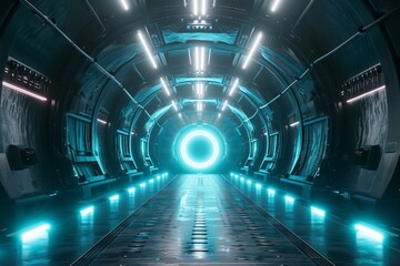 Quantum Corridor: Efficient Travel in a Stream of Blue Light, Sci-fi Futuristic Blue Tunnel With Light