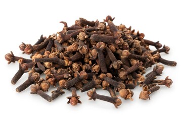 A pile of cloves. The cloves are brown and have a pungent smell. Concept of a strong, aromatic spice