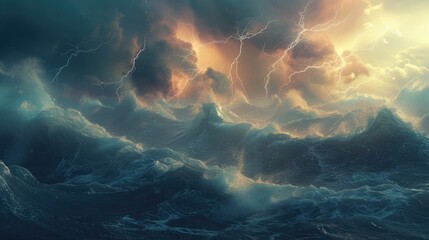 Rough, tumultuous ocean waves under a tempestuous sky, with multiple lightning bolts branching out, as if thrown by a divine force, highlighting the ocean's fury. 8k - obrazy, fototapety, plakaty