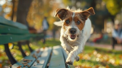 Portray a lively Jack Russell terrier catching a treat in mid-air as it leaps off a park bench, with its owner cheering on. The park is lively with other dogs 