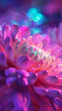 Daisy Glow: Macro view captures the gentle glow emanating from the wavy daisy petals under neon lighting.