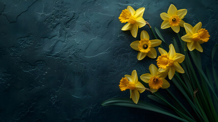 Bunch of yellow daffodils on dark slate background. Generative ai