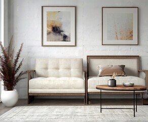 Minimalist Loft Urban Living: Rustic Cabinet Beside White Tufted Sofa Against Concrete Wall with Art Poster. Modern Home Interior Design, 3D Render