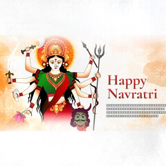 Happy Navratri illustration featuring Goddess Durga and festive elements on a white background. Share the spiritual and cultural essence of the Navratri festival