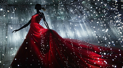 Against a backdrop of shimmering silver stars a mannequin in a flowing red gown appears to dance under the gentle glow of le lights. The display exudes a sense of enchantment - obrazy, fototapety, plakaty