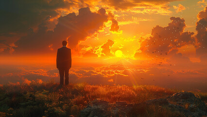 Businessman standing on the top of the hill and looking at the sunset