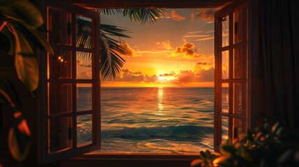 Open window overlooking an orange sunset and a tropical beach 