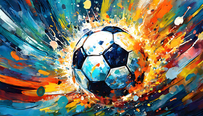Abstract exploding photon Football acrylic paint maximalism on digital art concept.