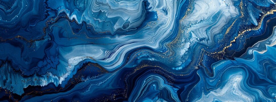 Mesmerizing blue and gold marbled abstract background, reminiscent of natural geological formations.