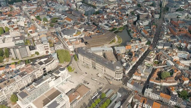 Ghent, Belgium. Zuid park. Panorama of the central city from the air. Cloudy weather, summer day, Aerial View