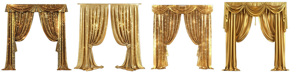 Glitter golden curtains reveal show grand opening stage  Hyperrealistic Highly Detailed Isolated On Transparent Background Png File - obrazy, fototapety, plakaty