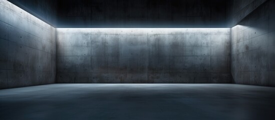 An empty room with concrete walls and floor, illuminated by a bright light coming from the ceiling. The light casts shadows and creates a stark contrast in the dark space.