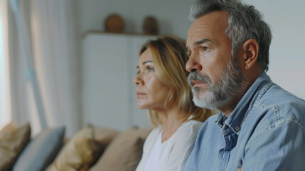 Middle age man and woman couple looks stress from problem issue background white light living room