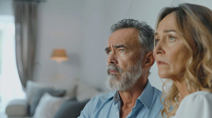 Middle age man and woman couple looks stress from problem issue background white light living room - obrazy, fototapety, plakaty