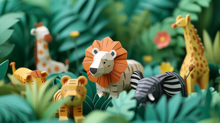 Paper craft of zoo animals and forest. generative ai