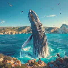 Spectacular View of a Humpback Whale Breaching Close to Shoreline Cliffs with Birds Flying in a...