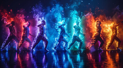 fire in the pool, a energetic and colorful dance battle with skilled dancers showcasing their best...