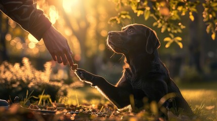 Imagine a moment in a garden at dawn, where a labrador retriever jumps up to grab a treat from its...