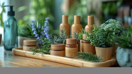 Minimalist Wooden Cosmetic Stand with Soft Ambient Lighting, Surrounded by Lush Green Plants, Emphasizing the Organic Beauty Theme Concept