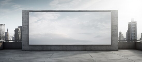 A modern exhibition concrete interior featuring an empty billboard on the roof of a building, showcasing city views. This space is ideal for gallery advertisements and presentations.