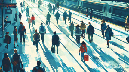 Crowds of people some carrying briefcases and others with headphones in their ears walk in different directions across the platform. The train tracks are visible in the background