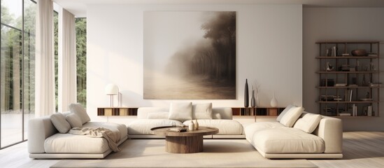 A living room with minimal, neutral furniture featuring a large painting prominently displayed on the wall. The painting adds a focal point to the room, complementing the simple elegance of the space.