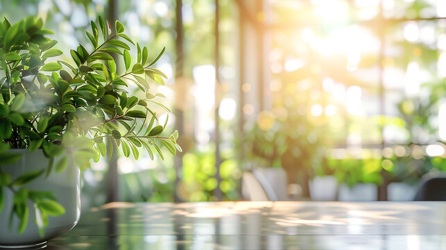 plant in a vase, Defocused image of a green office concept, featuring an open workspace with a view of outdoor trees