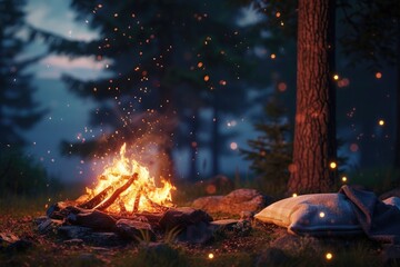 Whimsical bonfire scene in a night forest clearing, with marshmallows roasting over the fire and blankets spread around. 8k