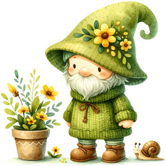 cute watercolor spring gnome,floral gnome,garden gnome,gnome in garden,gnome with spring flowers