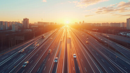 sunset in the city, The evolution of transportation infrastructure, considering the integration of hyperloop systems, smart highways, and electric charging networks realistic stock photograph