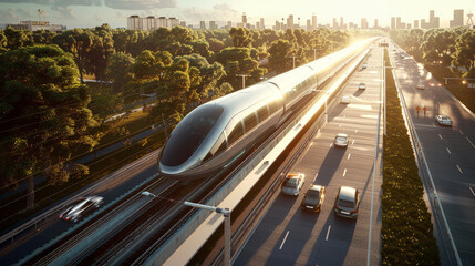 traffic in the city, The evolution of transportation infrastructure, considering the integration of hyperloop systems, smart highways, and electric charging networks realistic stock photograph