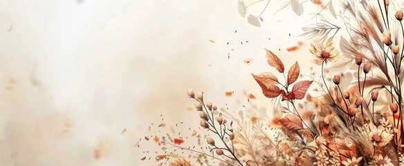 Ethereal floral design with soft autumnal hues, set against a hazy, light-infused boho background.