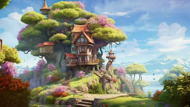 Whimsical anime treehouse amid vibrant flowers under a clear blue sky, in cute cartoon style