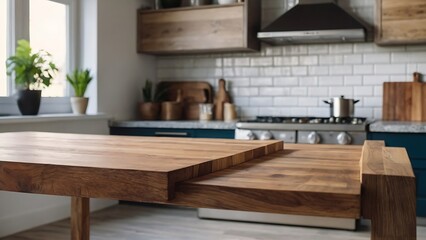 Empty wooden table top and blur bokeh modern kitchen interior background in clean and bright, studio warm light