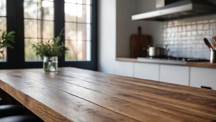 Empty wooden table top and blur bokeh modern kitchen interior background in clean and bright, studio warm light