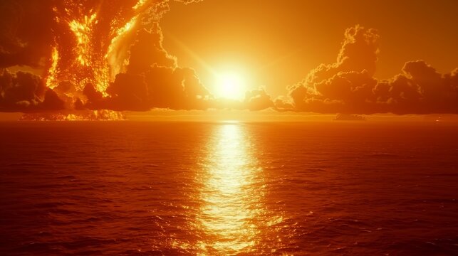 Majestic Sunset with Fiery Clouds Reflecting in the Calm Sea Creating a Pathway of Light