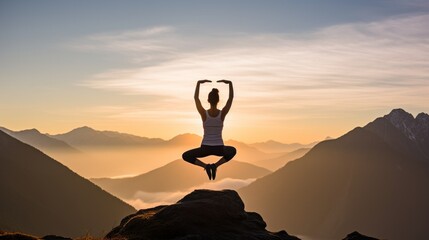Silhouette of a Woman practicing Yoga in the Mountains at Sunset. Sports, Travel, Summer, Training, Meditation, Healthy Lifestyle concepts.